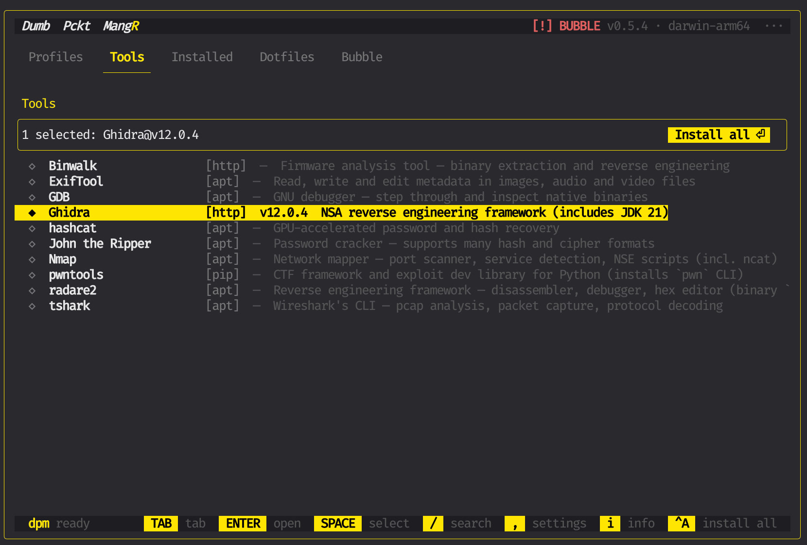 DPM TUI — tool list with 10 security tools